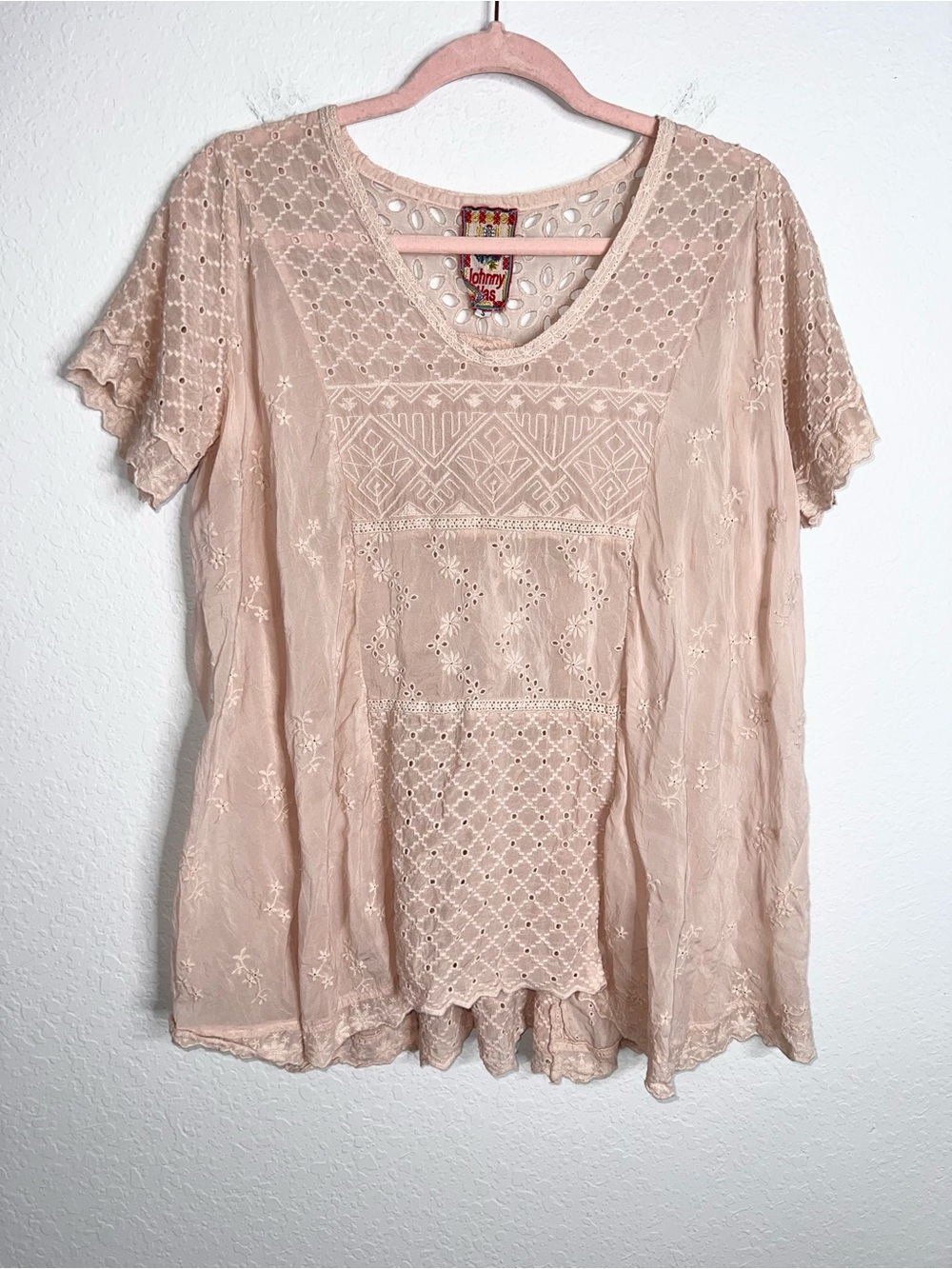 Johnny Was Crinkle Top Women Small Eyelet Pink Embroidered Tunic Boho Z